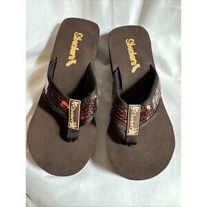 Skechers Women's Cali Women's Brown Wedge Thong Sandals Sequins Sz 8 NWOT